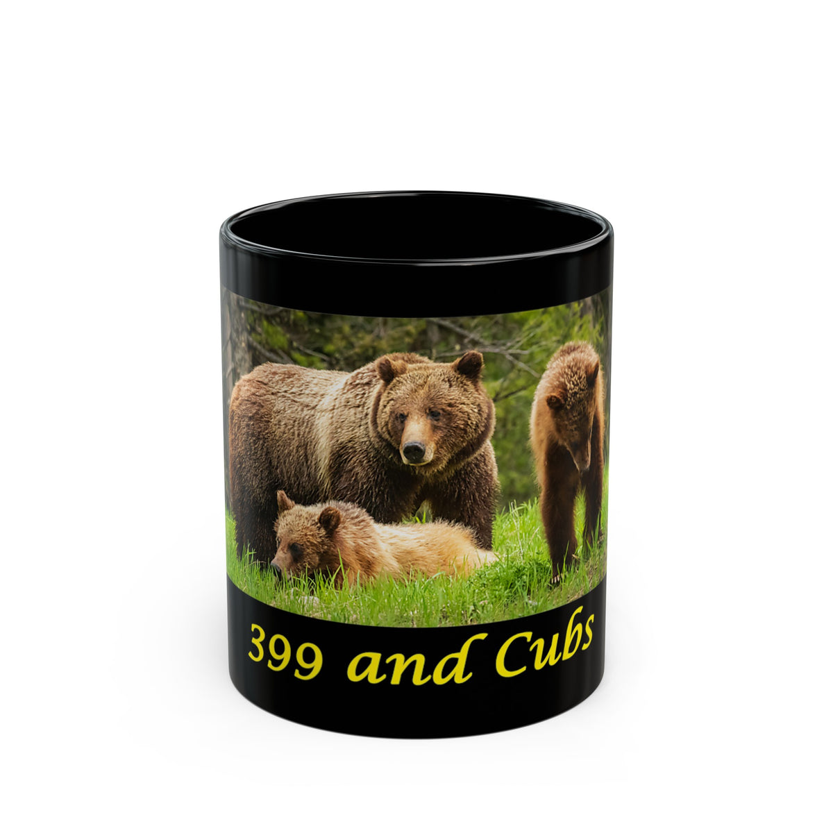 Grand Teton National Park souvenir mug featuring Bear 399 and her cubs.