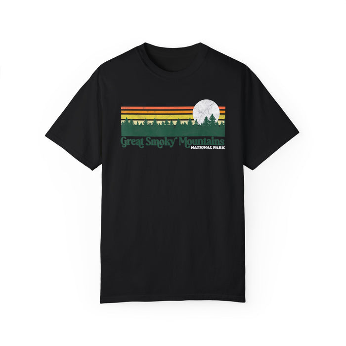 T-shirt featuring a moonlit forest scene with the text "Great Smoky Mountains National Park."