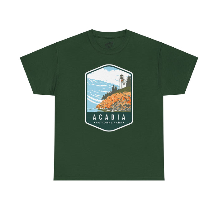 The Acadia National Park t-shirt features a beautiful illustration of the park's iconic lighthouse and rugged coastline, capturing the essence of Maine's natural beauty. This design makes a perfect souvenir to remember your trip to Acadia.