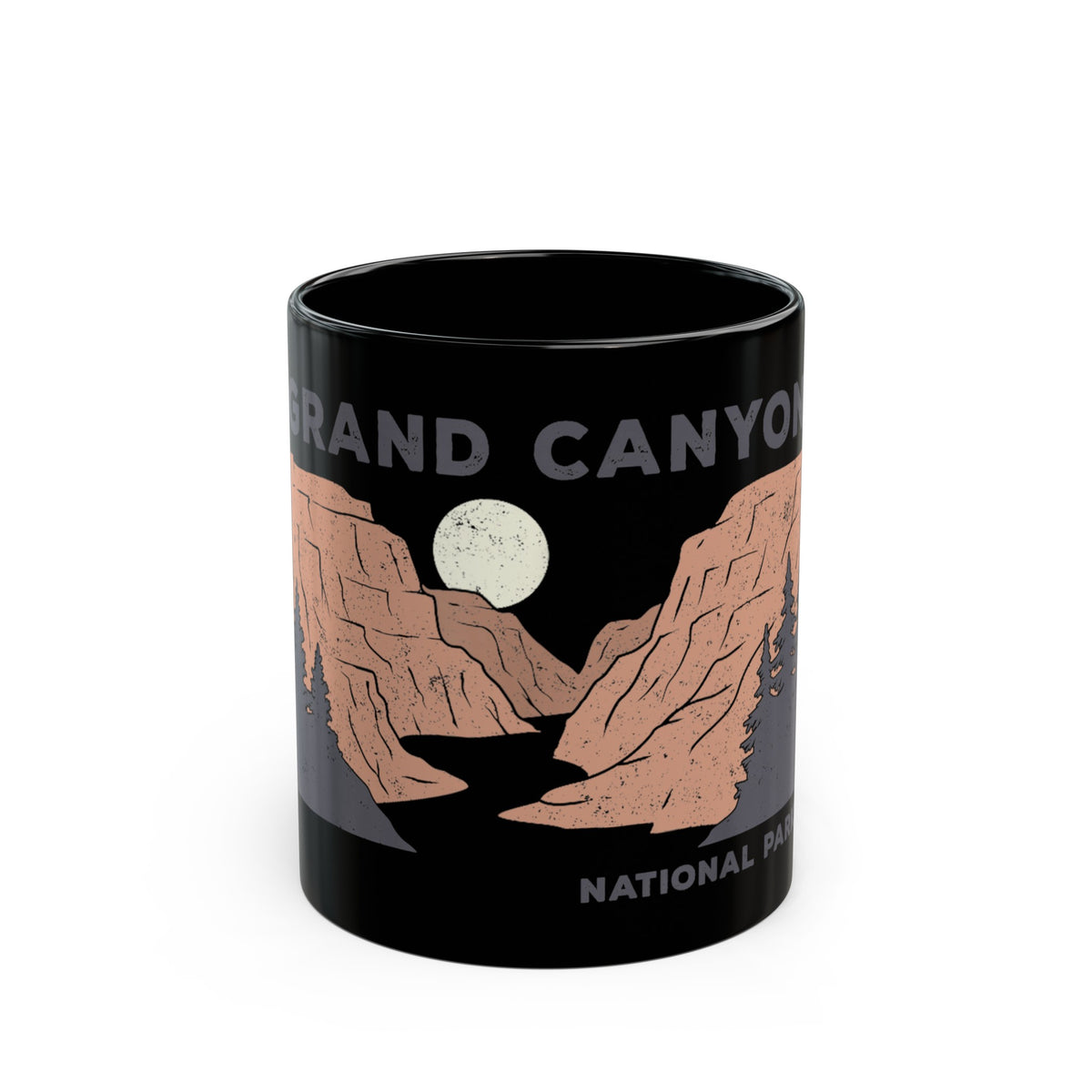 Grand Canyon National Park souvenir mug featuring a scenic design with canyon landscapes and a full moon.