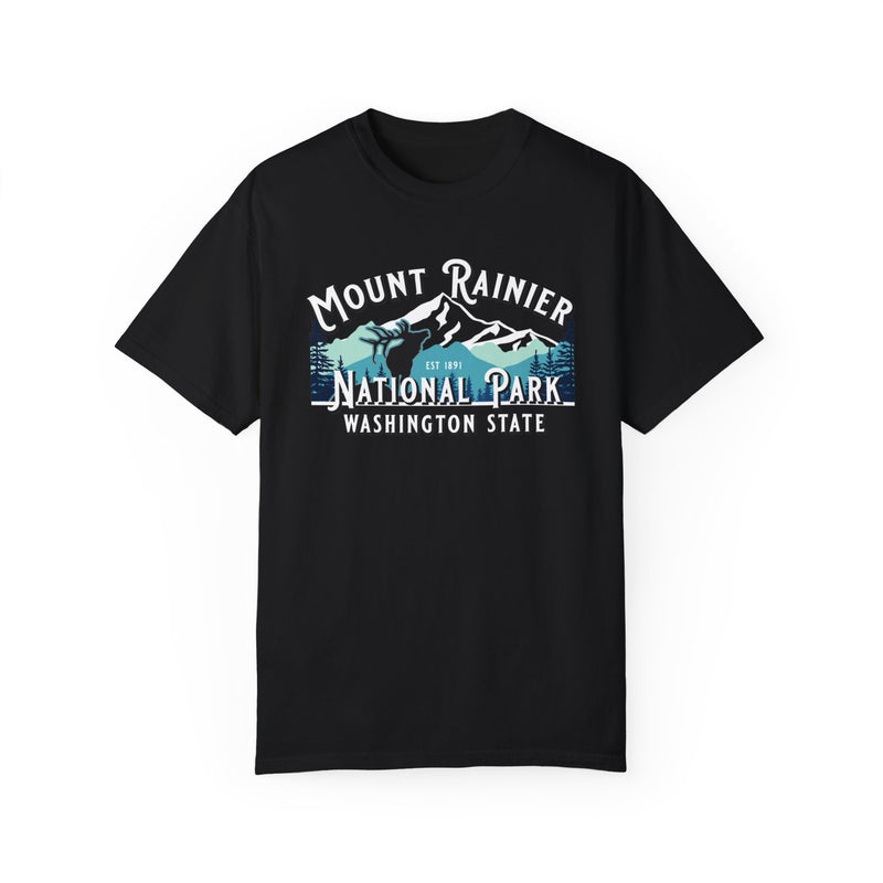 T-shirt featuring Mt. Rainier National Park with mountains and trees design.