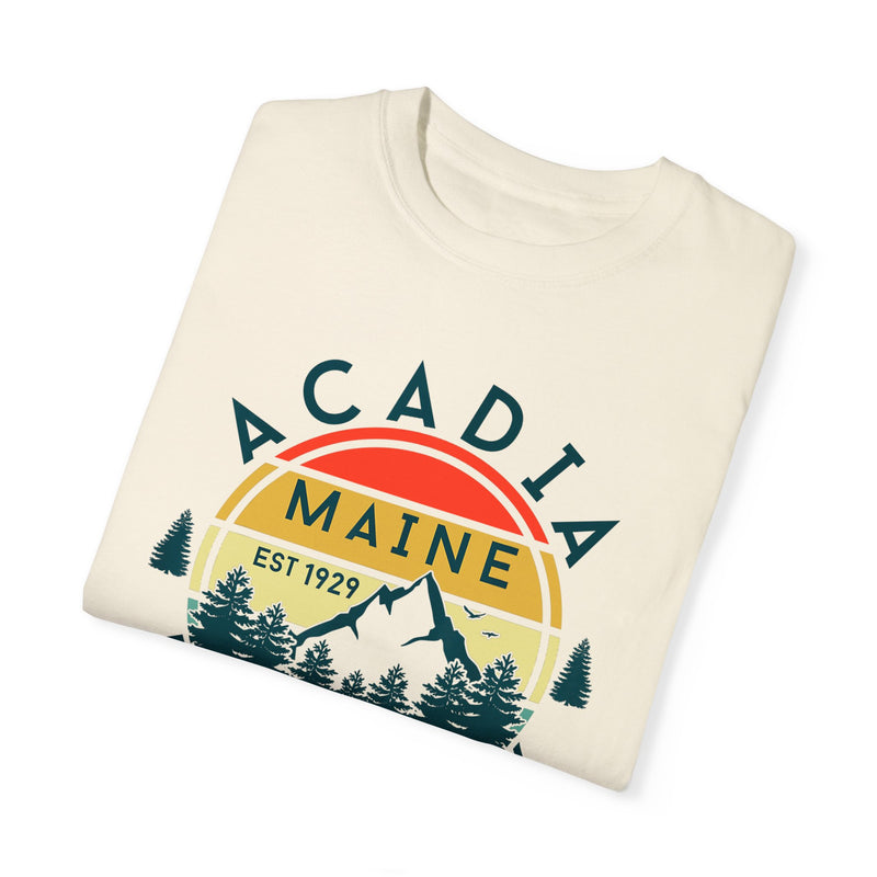 T-shirt with Acadia National Park graphic, showcasing a mountain and forest scene with the text "Acadia Maine EST 1929."