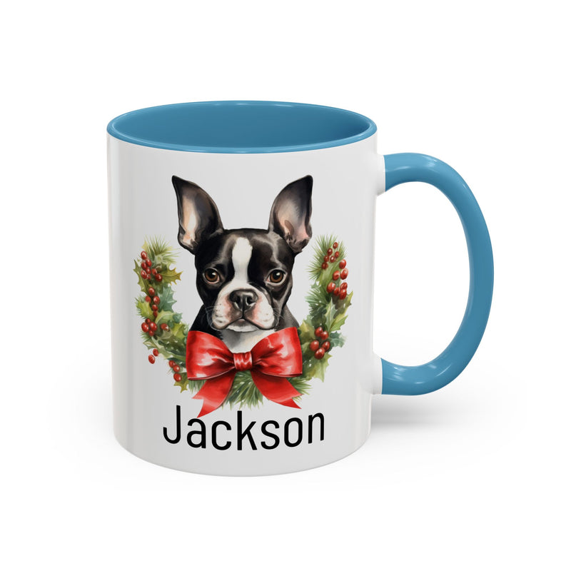 Personalized Boston Terrier Christmas Mug, Custom Dog Name Ceramic Mug, 11oz or 15oz