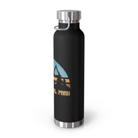 Image of a stainless steel water bottle featuring a sunset design from Zion National Park in Utah.