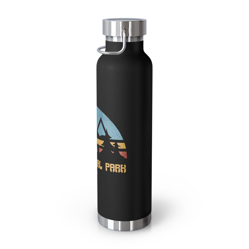 Image of a stainless steel water bottle featuring a sunset design from Zion National Park in Utah.