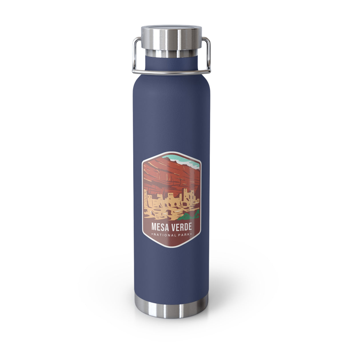 Navy stainless steel water bottle with a scenic design of Mesa Verde National Park.