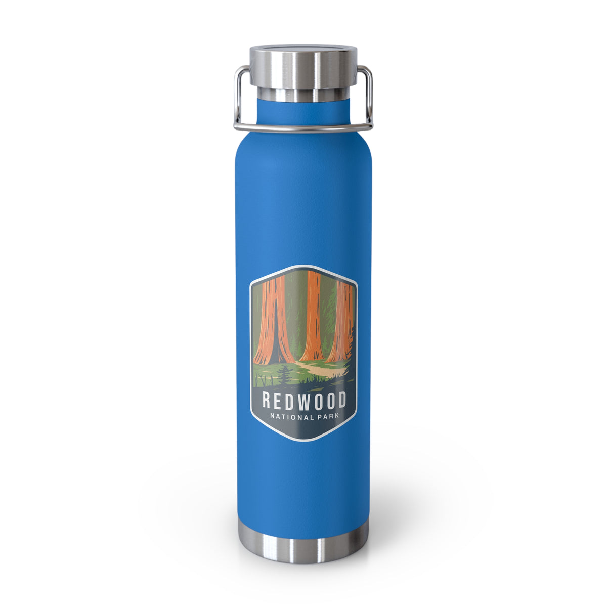 Pebble blue stainless steel water bottle featuring a design of Redwood National Park with towering redwood trees.