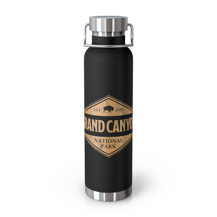 Grand Canyon National Park souvenir water bottle featuring an Arizona emblem design and stainless steel construction.