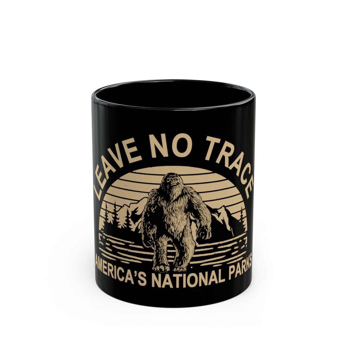 Ceramic mug featuring Bigfoot graphic and "Leave No Trace" text, highlighting Kenai Fjords National Park scenery.