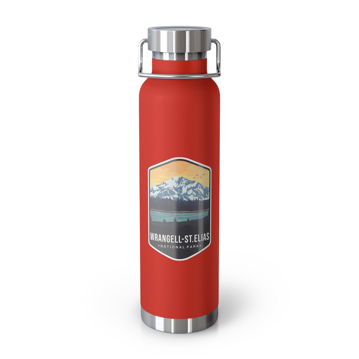 Red stainless steel water bottle featuring a design of Wrangell-St. Elias National Park with mountain and sunset scenery.