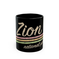 Black ceramic mug featuring a retro text design of Zion National Park.