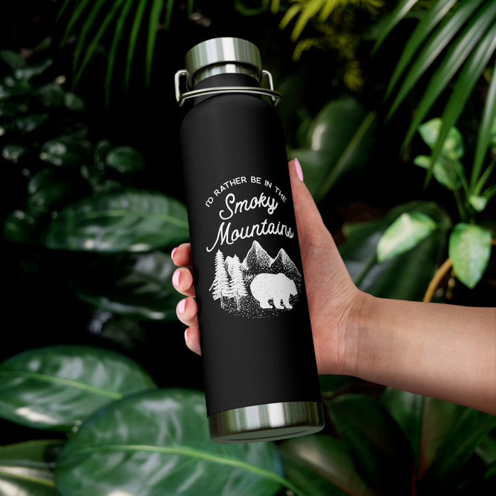 Image of an insulated souvenir bottle with a bear, trees, and mountain design, featuring the text "I'd Rather Be in the Smoky Mountains."