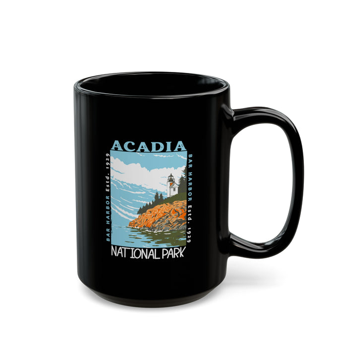 Ceramic coffee mug featuring a lighthouse and cliff design with Acadia National Park and Bar Harbor.