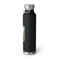 Stainless steel water bottle featuring an Acadia National Park design with a lighthouse and coastal illustration, durable powder-coated finish.