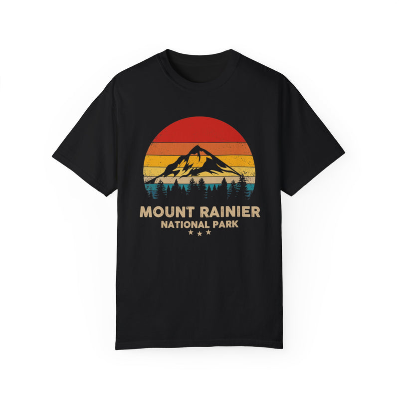 T-shirt featuring a retro design with a mountain, trees, and the text "Mount Rainier National Park."