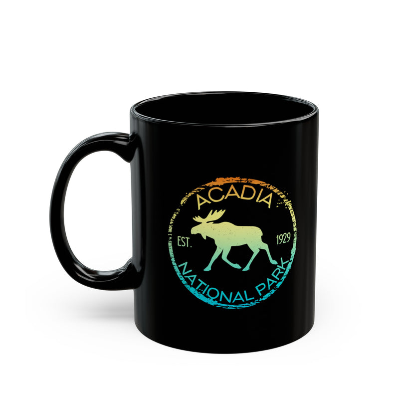 Ceramic coffee mug featuring a moose design with Acadia National Park.