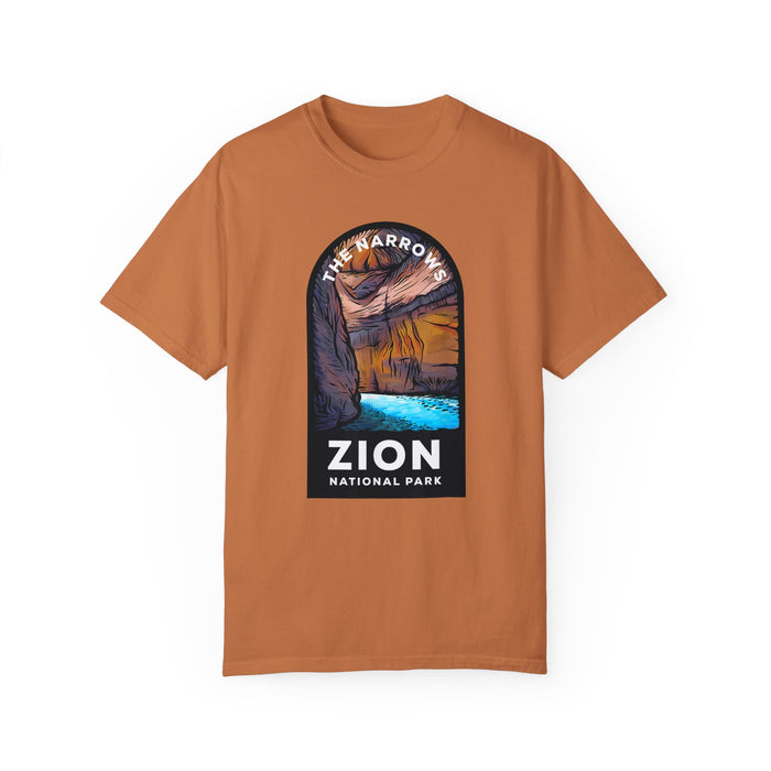 T-shirt featuring a scenic design of The Narrows at Zion National Park.