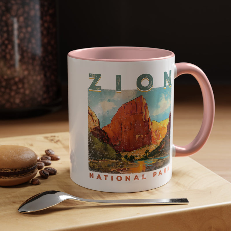 Ceramic mug featuring a scenic design of Zion National Park, ideal as a souvenir.