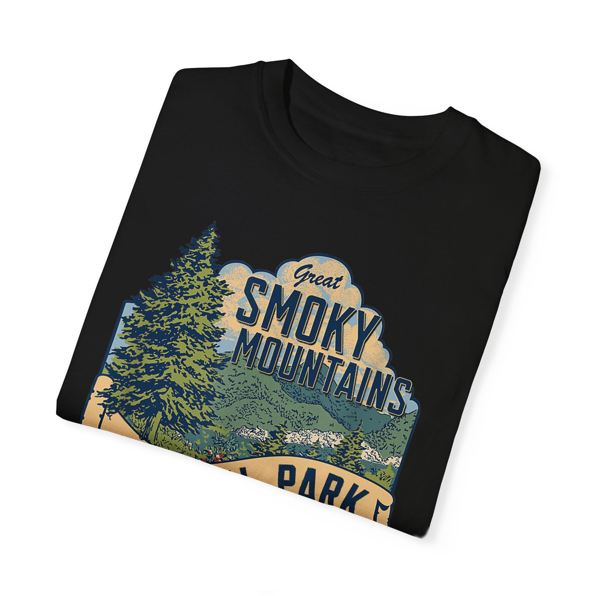 A T-shirt featuring a scenic design of the Great Smoky Mountains with trees and a mountain range, labeled "Great Smoky Mountains National Park, Tennessee."