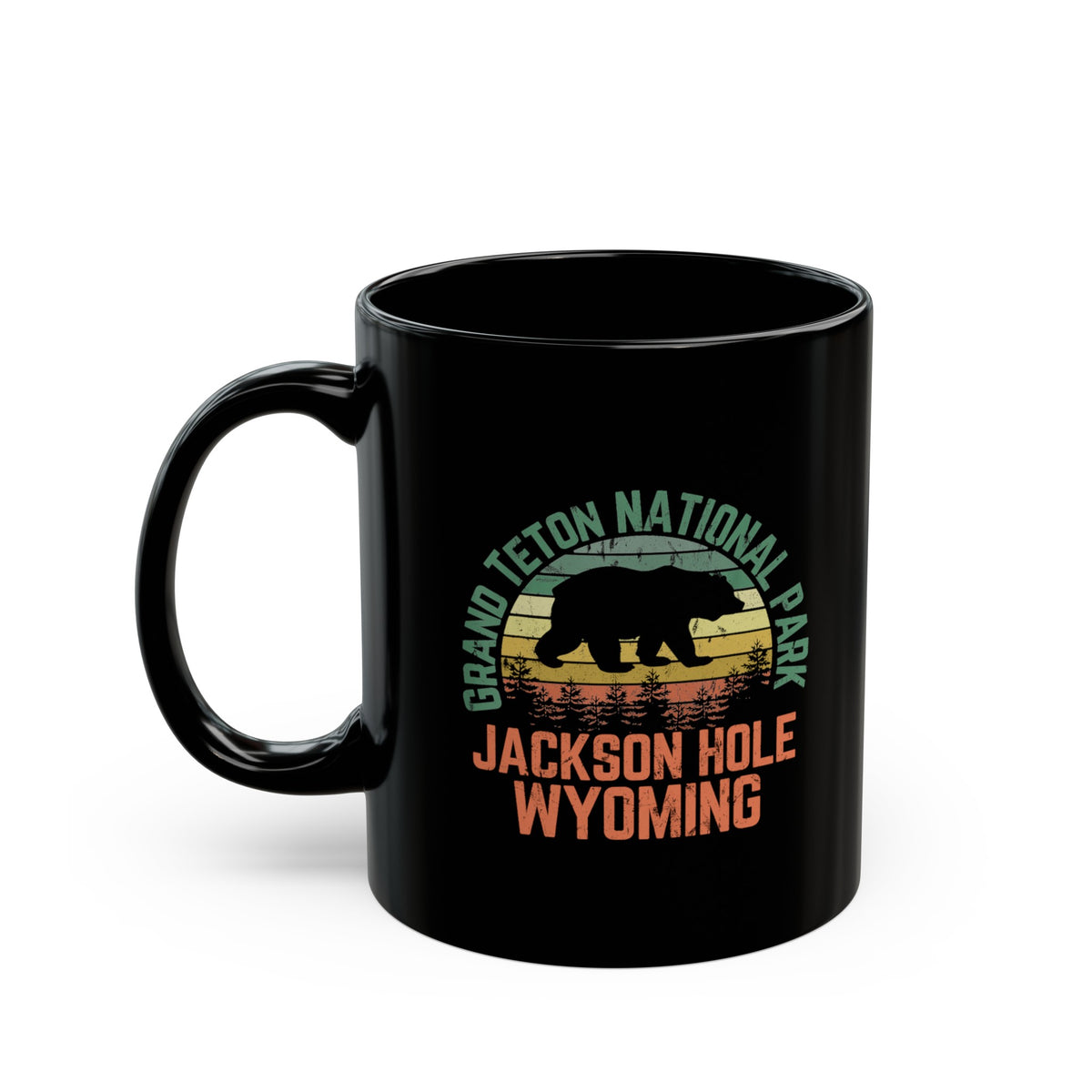 Grand Teton National Park souvenir mug with bear and sunset design, Jackson Hole, Wyoming.