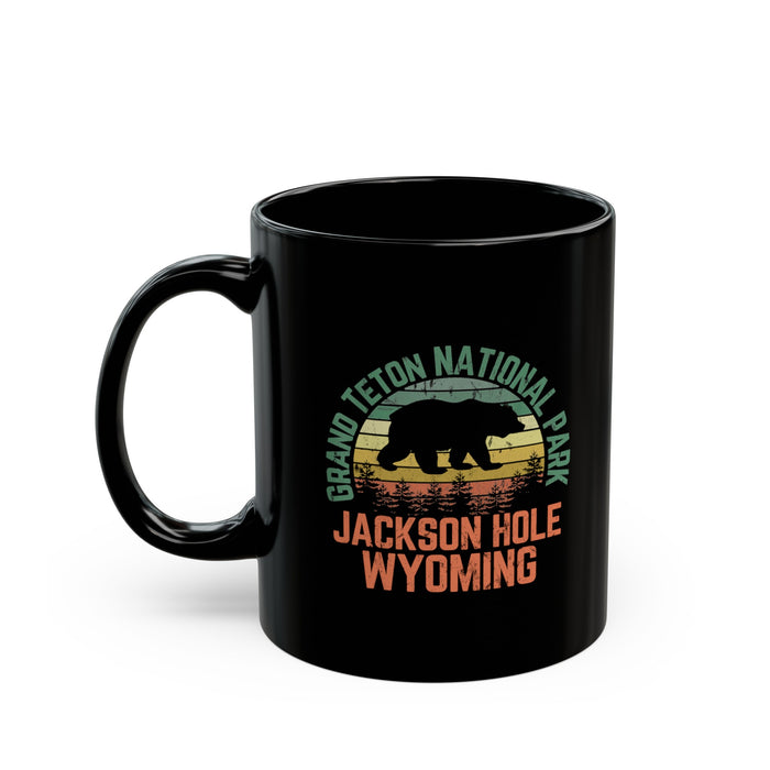 Grand Teton National Park souvenir mug with bear and sunset design, Jackson Hole, Wyoming.