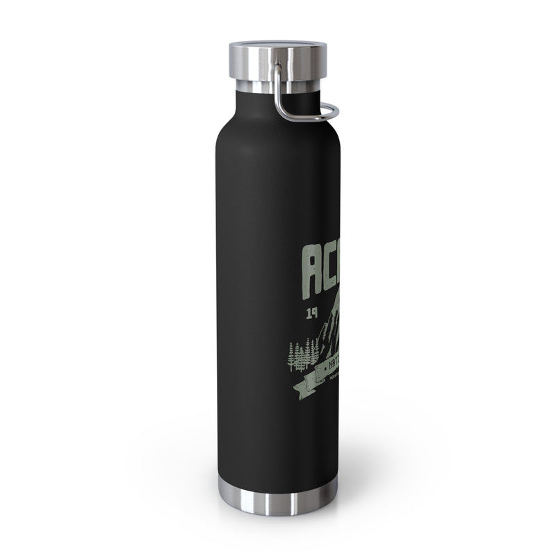 Stainless steel water bottle featuring an Acadia National Park design with a mountain illustration and "Est. 1916" text, durable powder-coated finish.