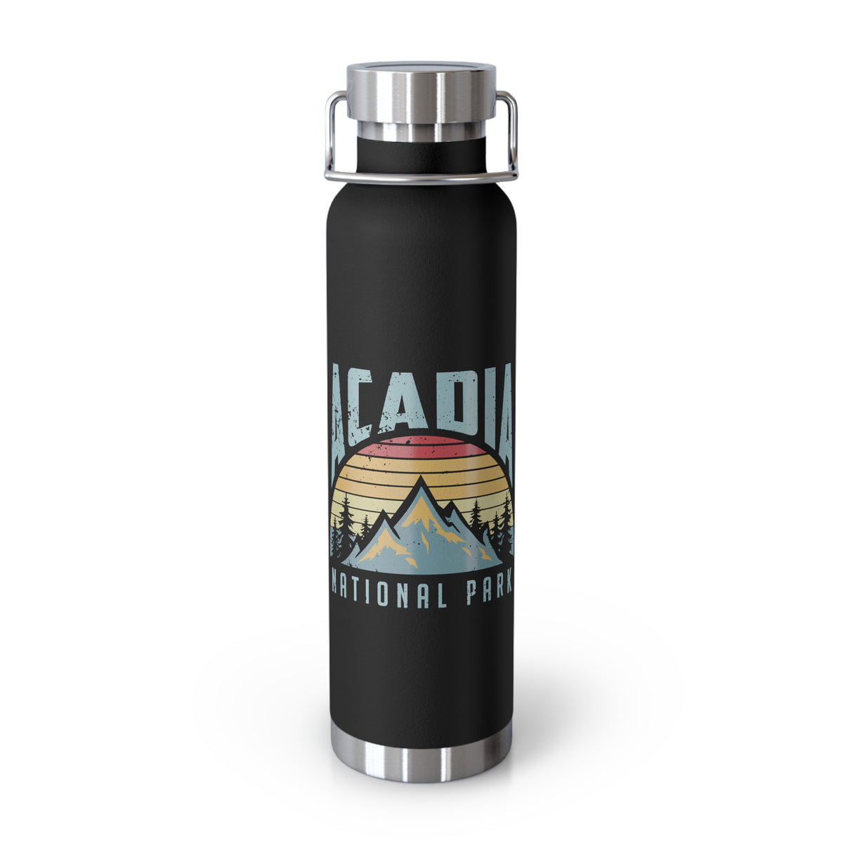 Stainless steel water bottle featuring an Acadia National Park design with a mountain and sunset illustration, durable powder-coated finish.