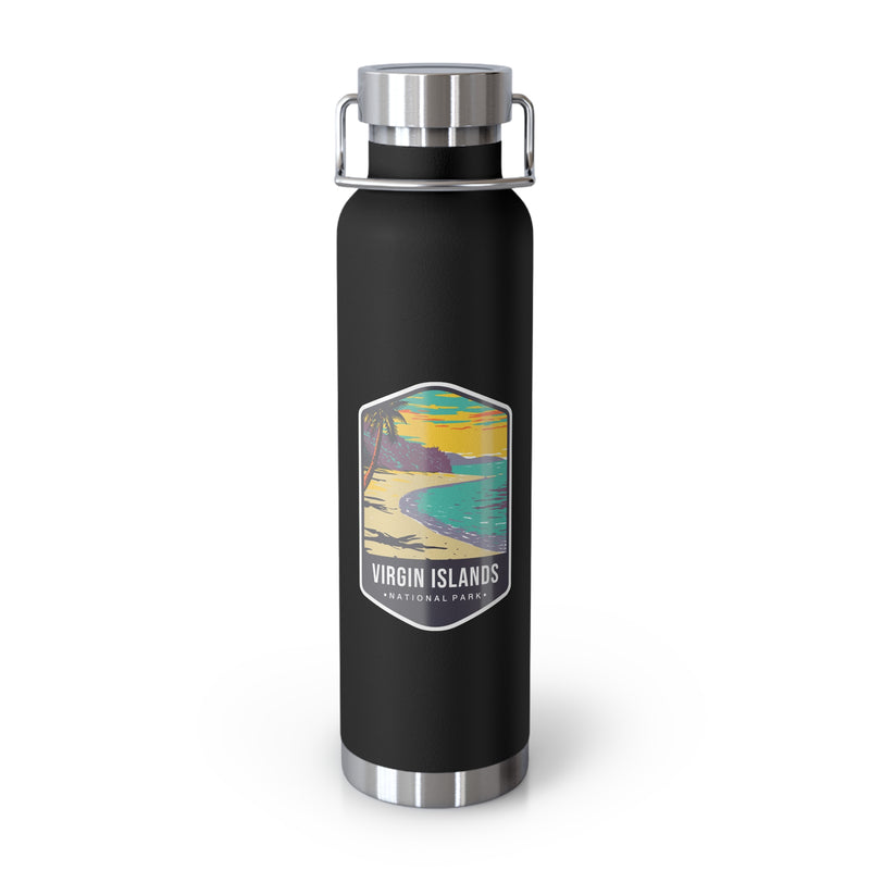 Black stainless steel water bottle featuring a design of Virgin Islands National Park with a beach and palm trees.