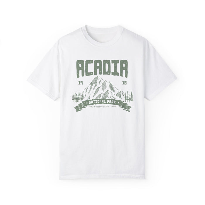 T-shirt featuring Acadia National Park with a mountain design.