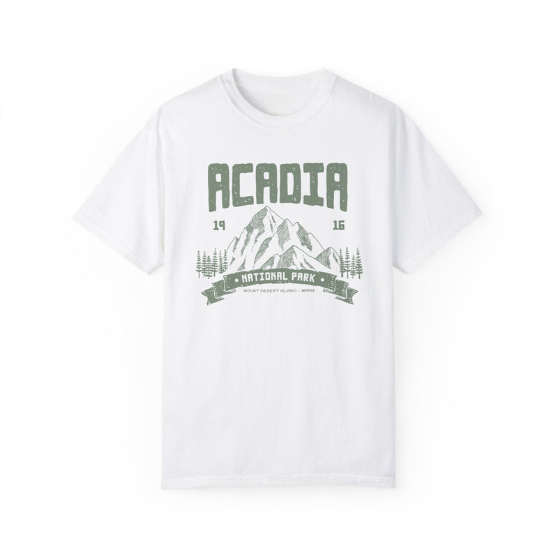 T-shirt featuring Acadia National Park with a mountain design.