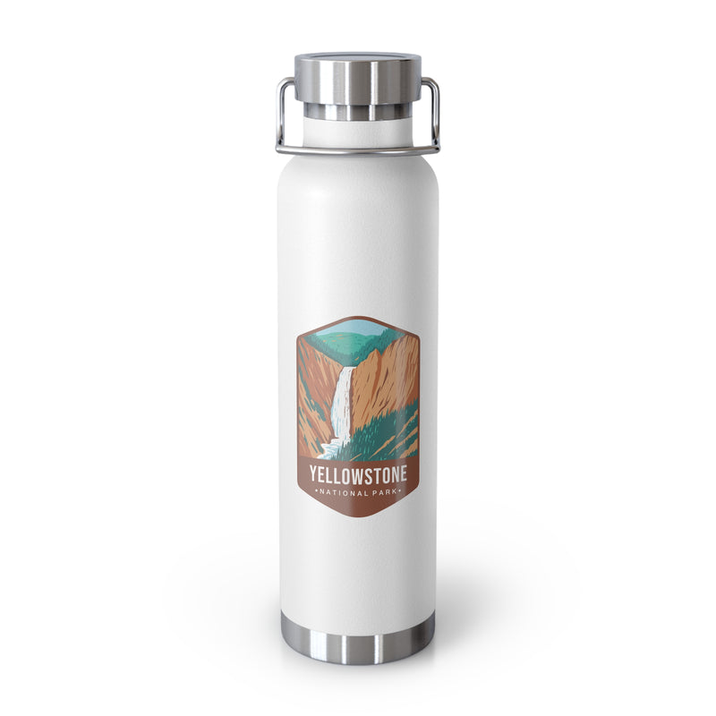 White stainless steel water bottle featuring a design of Yellowstone National Park with a waterfall and canyon scenery.