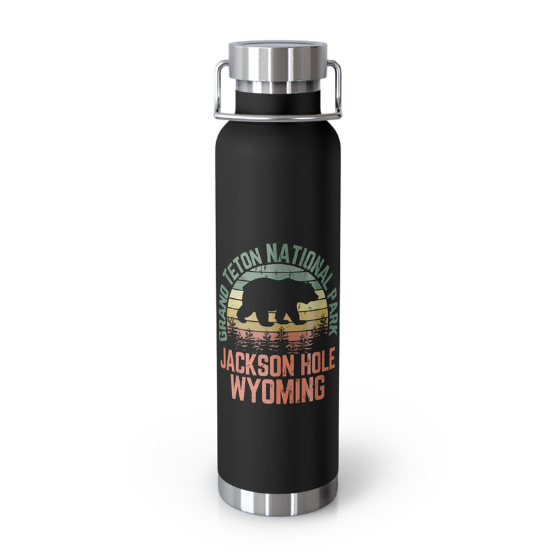 Grand Teton National Park souvenir water bottle featuring a bear design and Jackson Hole, Wyoming text with stainless steel construction.