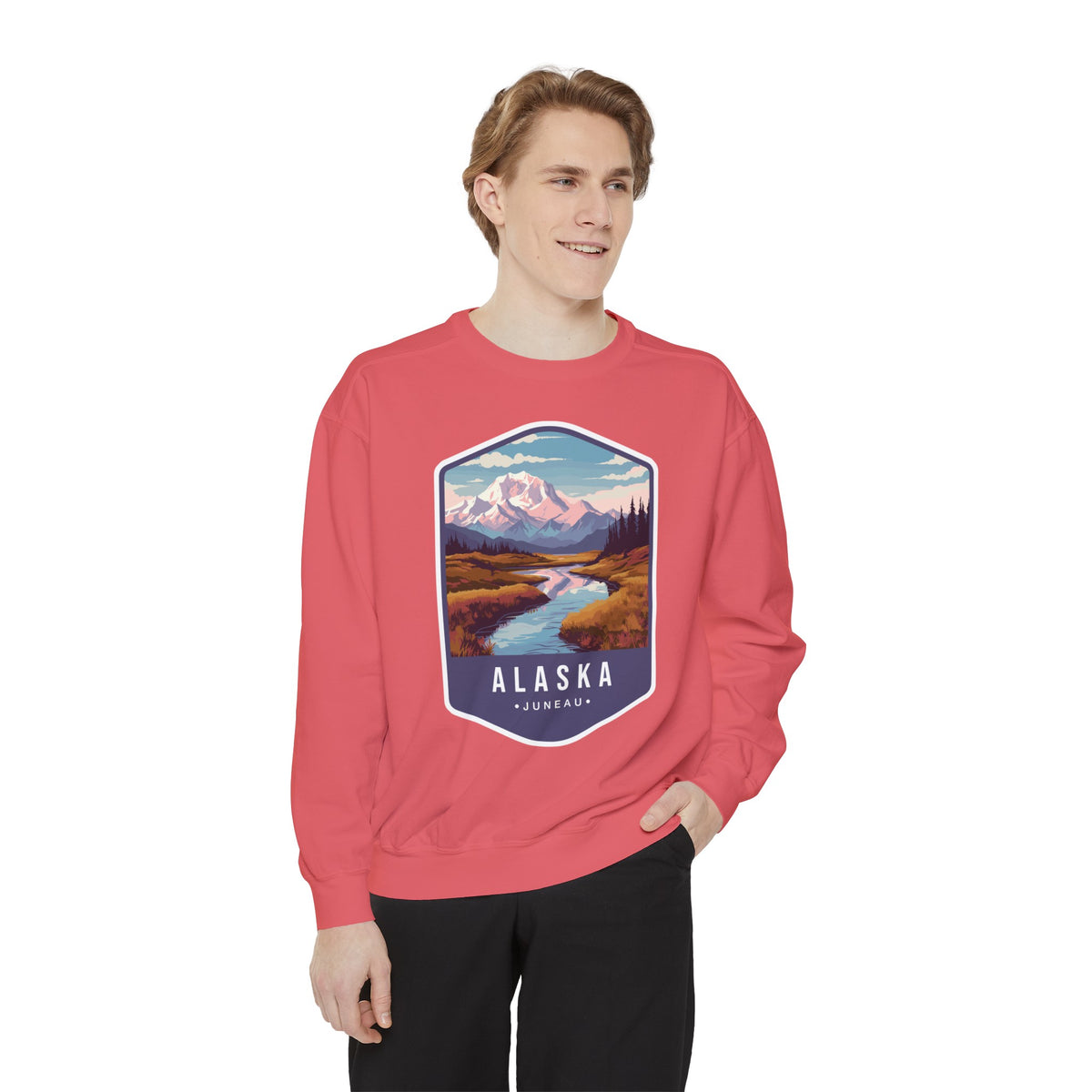 Cozy Alaska Juneau Sweatshirt - Scenic Mountain River Design - Unisex Garment-Dyed Cozy Fleece