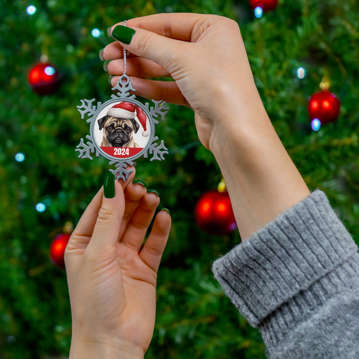 Pug 2024 Christmas Pewter Snowflake Ornament with Free Gift Box