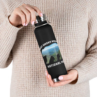 Image of an insulated souvenir bottle featuring a scenic bear silhouette with mountains and forest design from Great Smoky Mountains National Park, Tennessee & North Carolina.