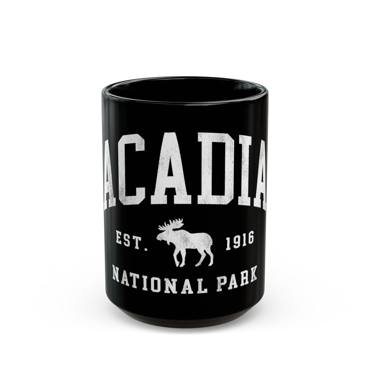 Ceramic coffee mug featuring a moose design with Acadia National Park Est. 1916.