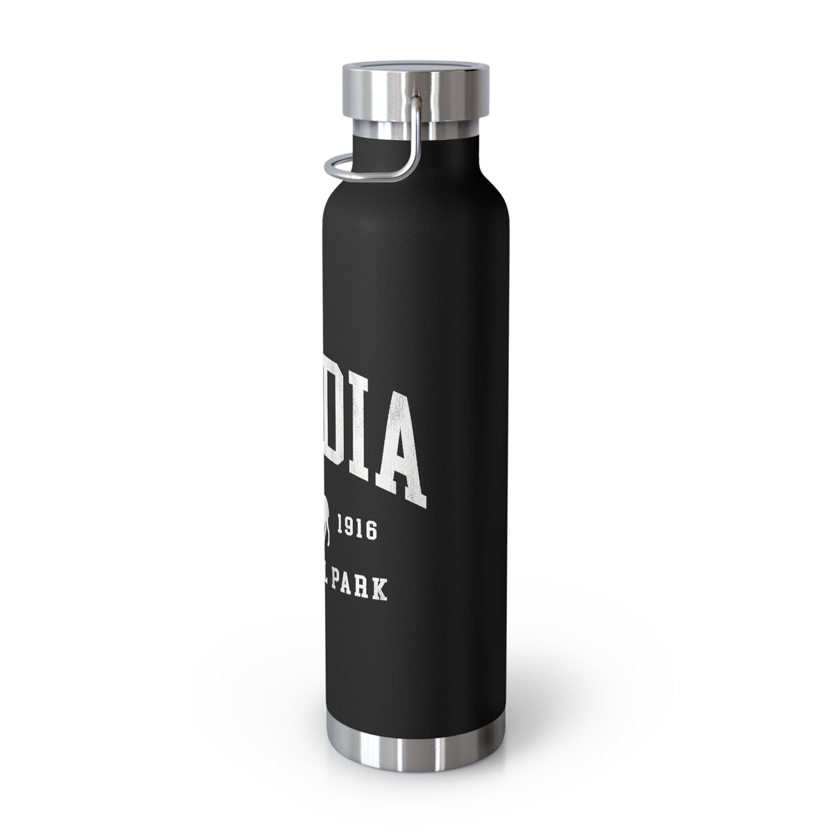 Stainless steel water bottle featuring an Acadia National Park design with a moose and "Est. 1916" text, durable powder-coated finish.