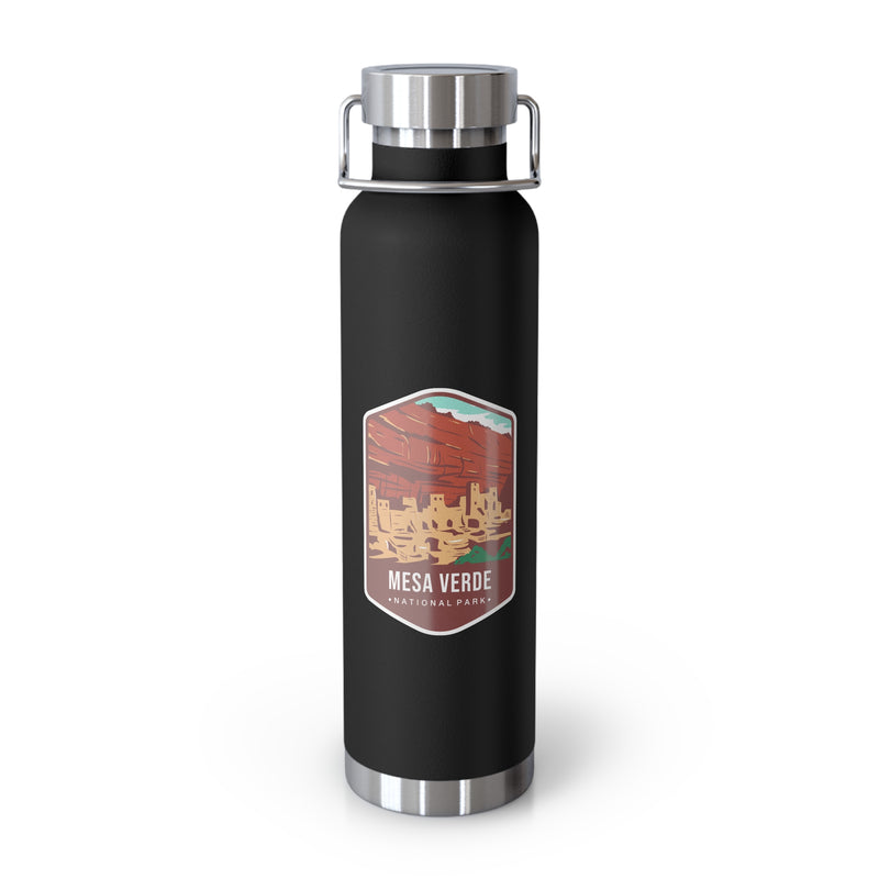 Black stainless steel water bottle with a scenic design of Mesa Verde National Park.