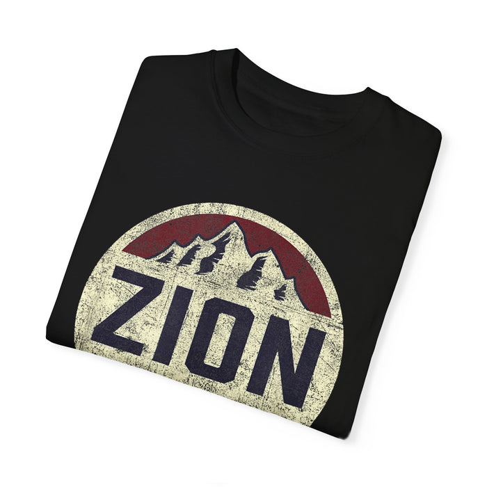 Vintage-style t-shirt with a circular design featuring the text "Zion National Park" and mountain graphics.