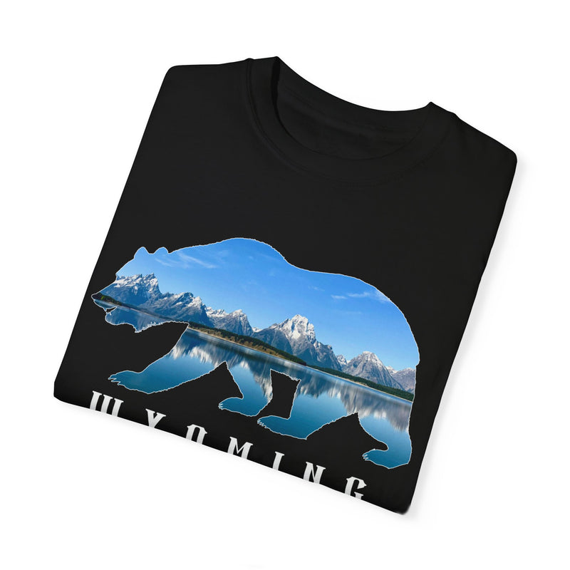 Grand Teton National Park T-shirt featuring a bear graphic design with a mountain and lake scene and "Wyoming" text.