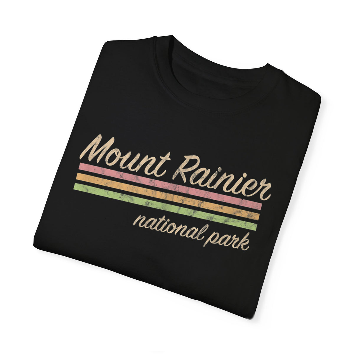 T-shirt featuring a retro design with "Mount Rainier National Park" text and vintage stripes.