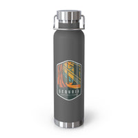 Grey stainless steel water bottle featuring a design of Sequoia National Park with tall sequoia trees.