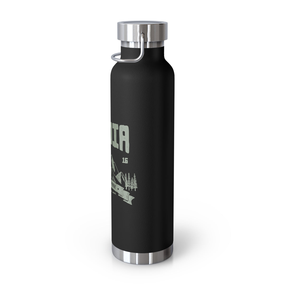 Stainless steel water bottle featuring an Acadia National Park design with a mountain illustration and "Est. 1916" text, durable powder-coated finish.