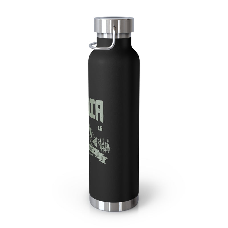 Stainless steel water bottle featuring an Acadia National Park design with a mountain illustration and "Est. 1916" text, durable powder-coated finish.