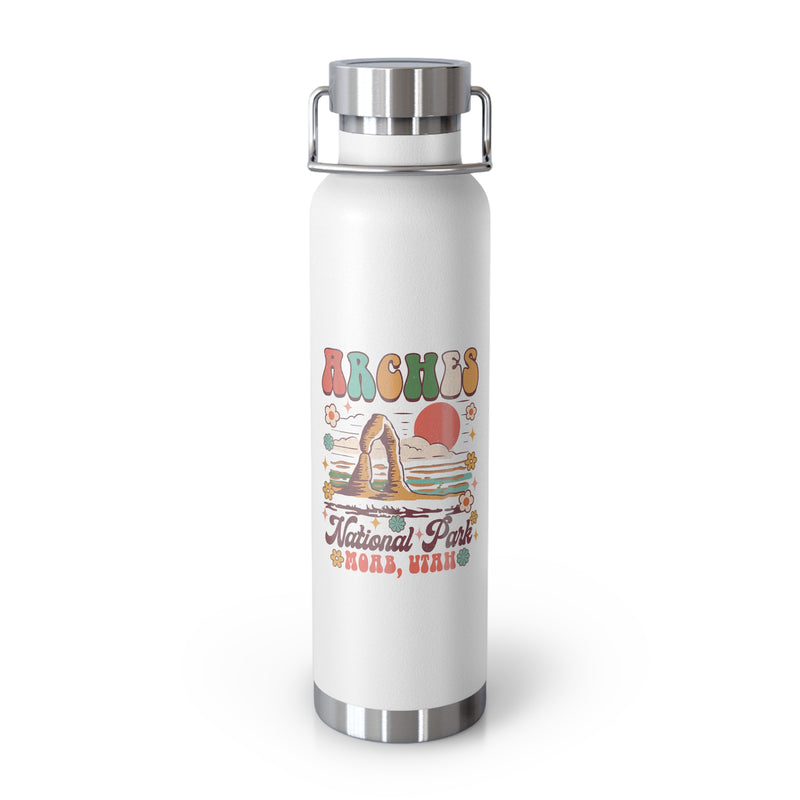 Image of a stainless steel water bottle featuring a design from Arches National Park in Moab, Utah.