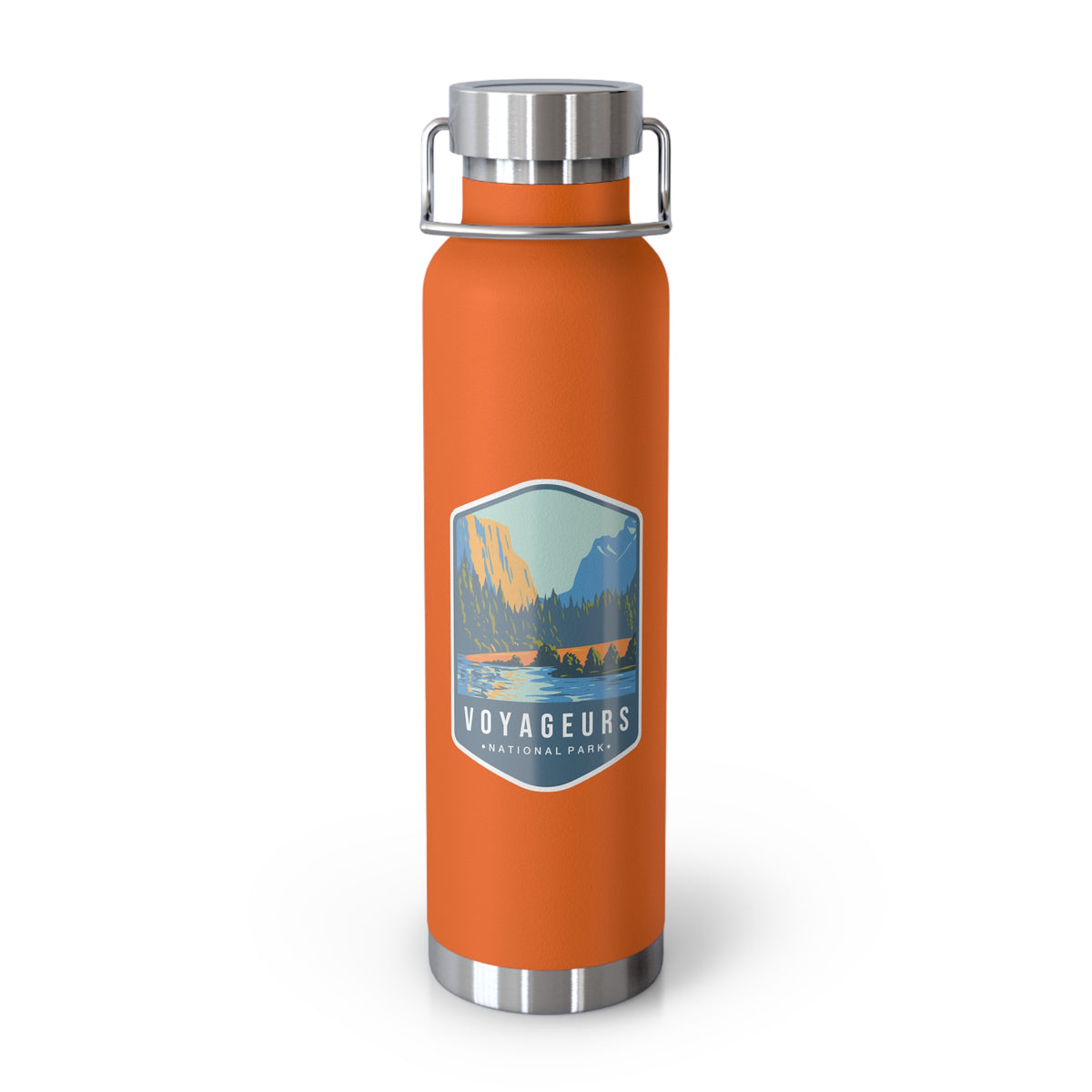 Orange stainless steel water bottle featuring a design of Voyageurs National Park with a lake and forest scenery.