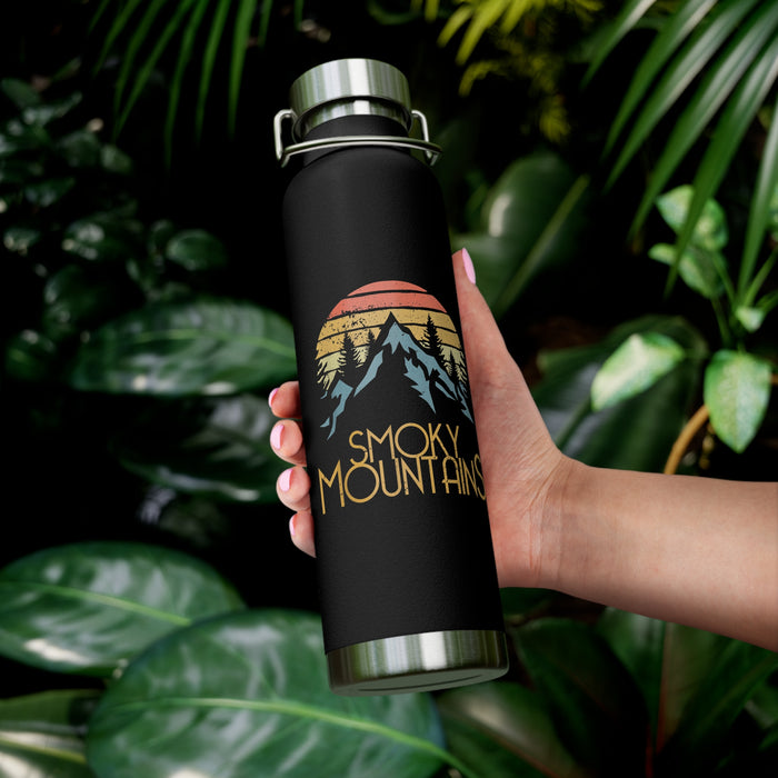 Scenic Great Smoky Mountains water bottle with a colorful sunset and mountain design.