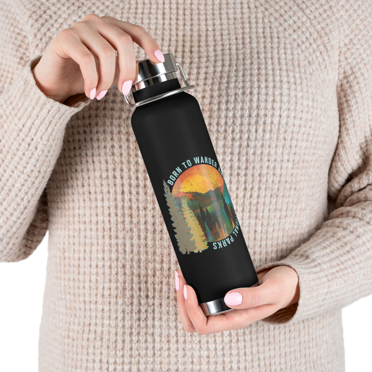 Grand Teton National Park souvenir water bottle with Born to Wander engraved design and copper insulation