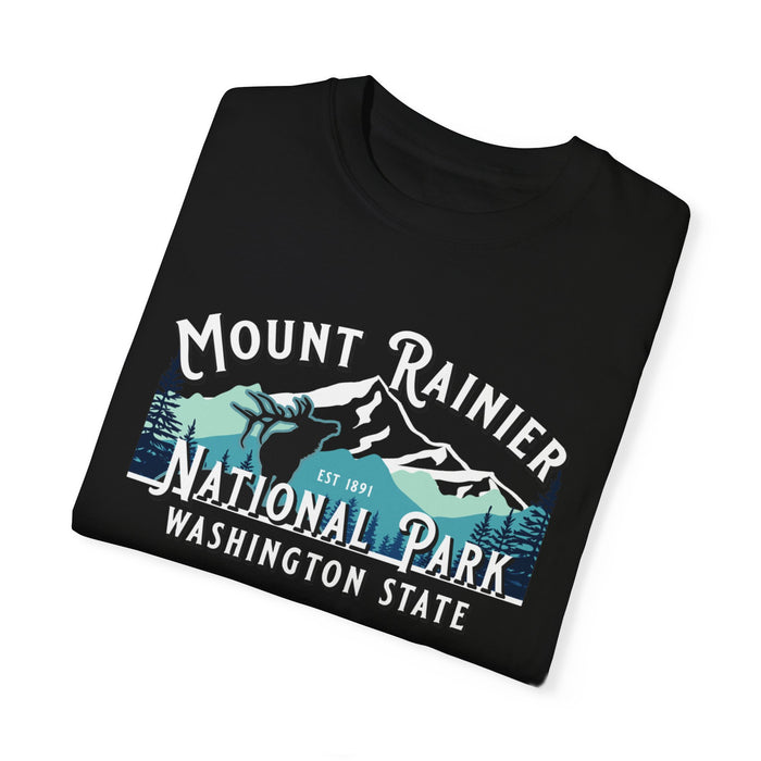 T-shirt featuring Mt. Rainier National Park with mountains and trees design.