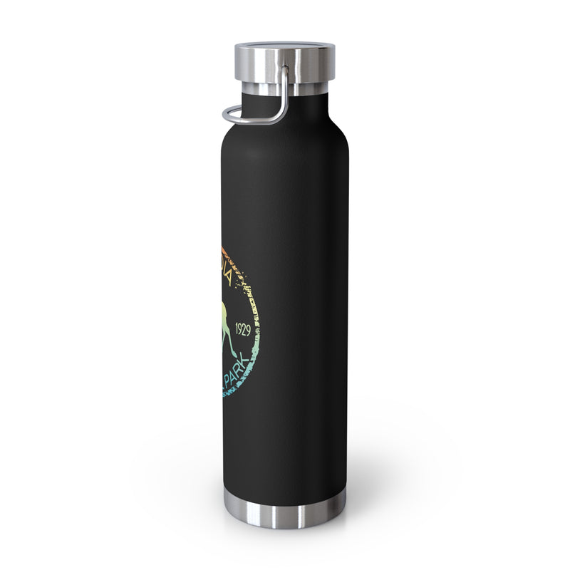 Stainless steel water bottle featuring an Acadia National Park design with a moose and scenic illustration, durable powder-coated finish.